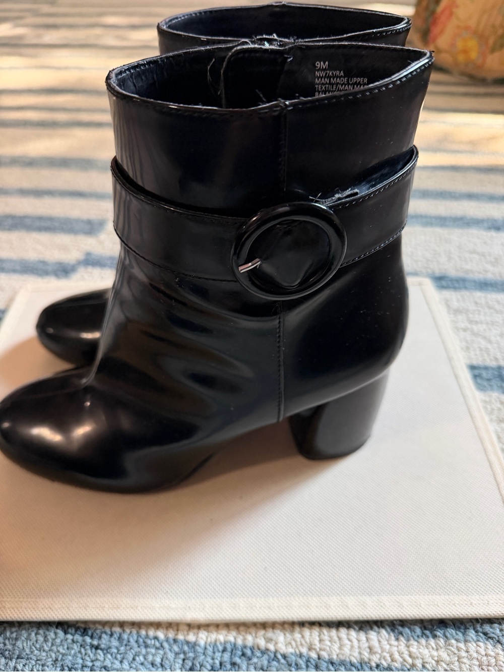 Nine West Black Patent Mid‑Heel Ankle Boots with Decorative Buckle